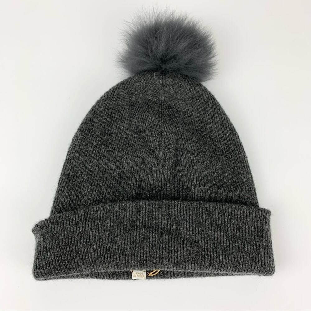Minnie Rose Dark Charcoal Grey Pom Pom Cashmere Fox Fur Beanie Hat